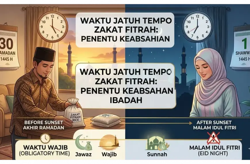 Gambar fitur konseptual, sinematik, layar terpisah untuk artikel tentang 'Waktu Jatuh Tempo Zakat Fitrah'.