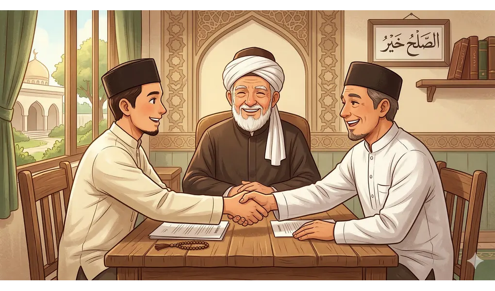 A Comprehensive Guide to the 8 Asnaf of Zakat and Distribution Procedures 3 Storybook style digital illustration showing a moment of successful reconciliation between two Muslim men shaking hands at a wooden table, mediated by a smiling elderly religious figure in a robe and turban.