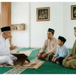 An Ustadz teaching a Muslim family about the meaning of Islam and submission based on the Hadith of Jibril in a mosque.