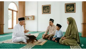 Home 5 An Ustadz teaching a Muslim family about the meaning of Islam and submission based on the Hadith of Jibril in a mosque.