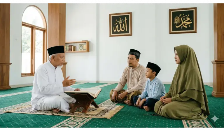 Shafi'i School of Jurisprudence: The Complete Guide to Islamic Law, Prayers, and Tasawuf 1 An Ustadz teaching a Muslim family about the meaning of Islam and submission based on the Hadith of Jibril in a mosque.