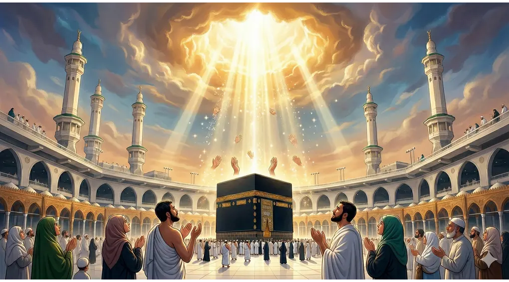Complete Dua for Seeing the Kaaba: Shafi'i Fiqh and Etiquette 3 Muslim Hajj pilgrims in white Ihram clothing praying devoutly in the courtyard of Masjid al-Haram, Mecca, in front of the Kaaba, illuminated by heavenly light from the twilight sky. This image has no Arabic text.