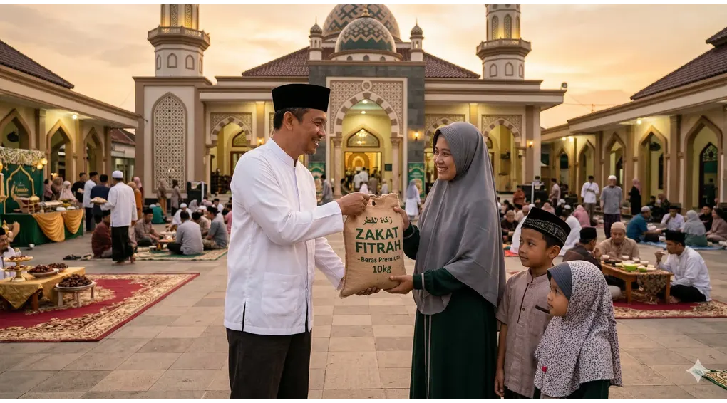Zakat in Shafi'i Fiqh: Complete Guide to Rules & Types 2 A Muslim man in a peci handing a 'Zakat Fitrah' rice sack to a Muslim woman in a syar'i hijab with her two children in a mosque courtyard at dusk.