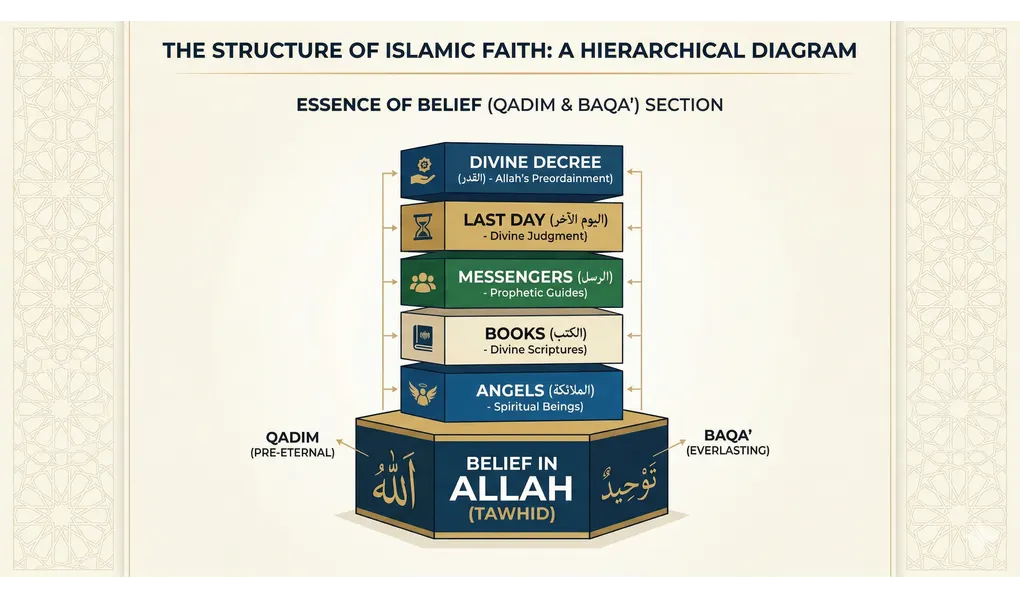 Belief in Allah: The Ultimate Foundation of the Six Pillars of Faith in Islam 2 Hierarchical diagram of the pillars of faith showing Belief in Allah as the foundational block supporting the other five pillars.