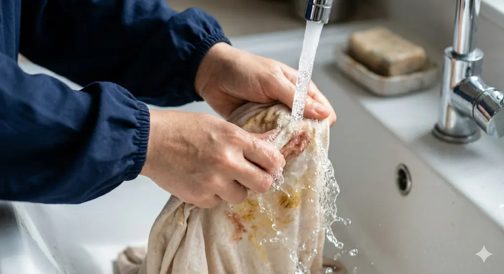 The Definition of Najis in Islam: A Comprehensive Guide to Impurities and Purification 4 A person's hands washing a stained cloth under a stream of clear running tap water.