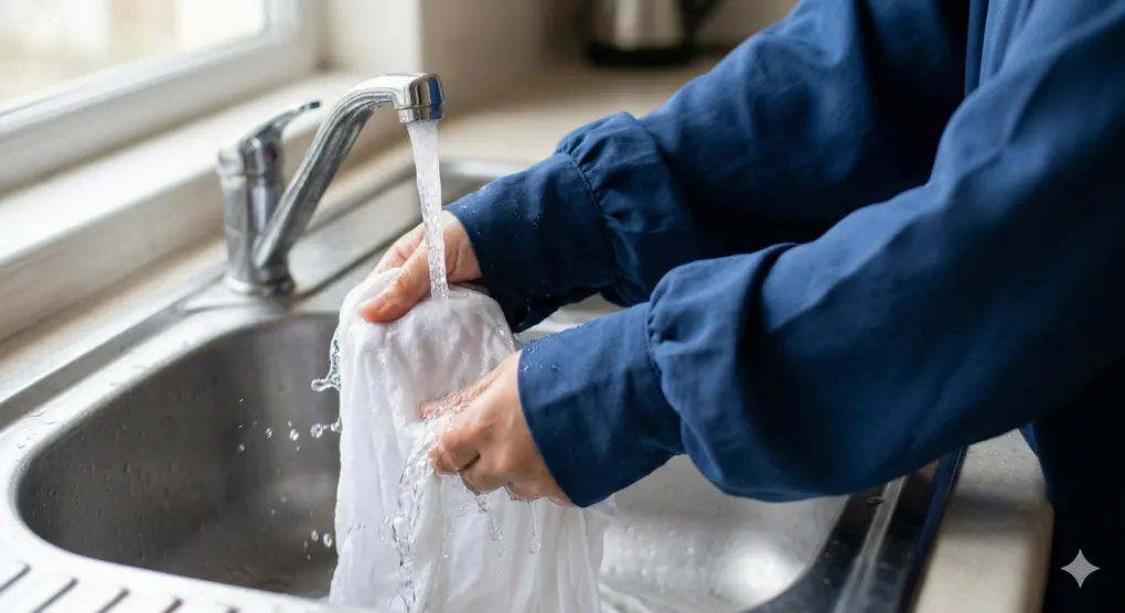 Understanding the Types of Najis in Islam and How to Purify Them 4 A person washing a white cloth to carefully remove najis under clear running tap water.