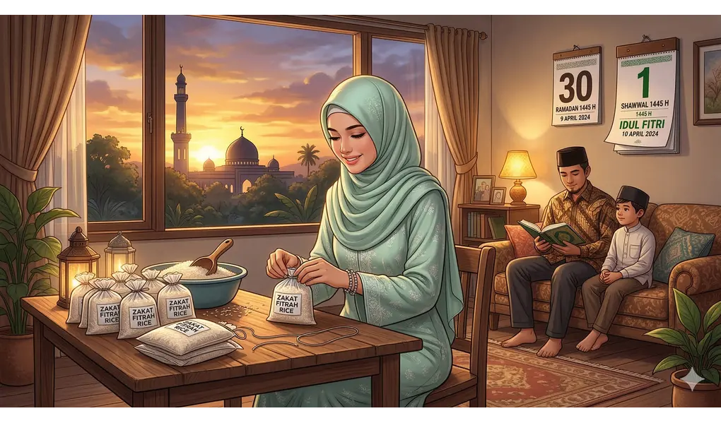 Waktu Jatuh Tempo Zakat Fitrah (Tenggelamnya Matahari Akhir Ramadan) 2 Ilustrasi sinematik seorang wanita Muslim Indonesia sedang menyiapkan zakat beras di ruang tamu saat matahari terbenam.