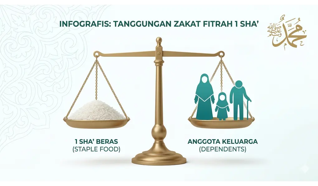 Siapa Saja yang Wajib Ditanggung Zakat Fitrahnya oleh Kepala Keluarga? 2 Infografis timbangan emas yang menyeimbangkan 1 sha' beras dengan ikon anggota keluarga (istri, anak, orang tua) dan kaligrafi Muhammad ﷺ.