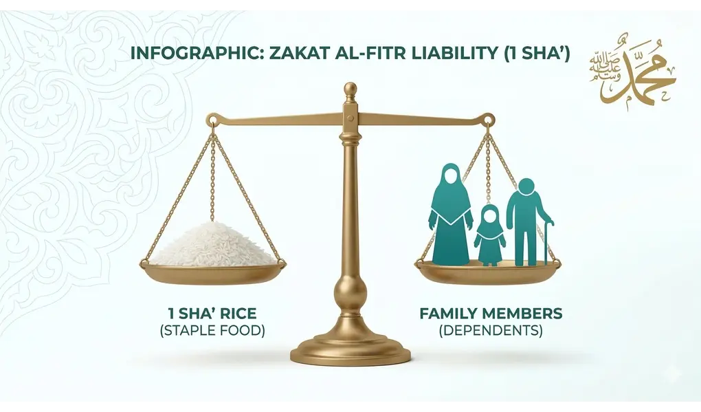 Who Are the Zakat Fitrah Dependents for a Head of Family? 2 Zakat Fitrah dependents: A professional English infographic scale balancing 1 sha' of rice with family dependent silhouettes and Muhammad ﷺ calligraphy.
