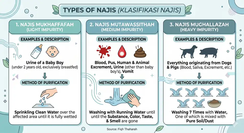 Clean graphic diagram explaining the classification of ritual impurities (najis) according to the Shafi'i school, complete with examples and purification methods.