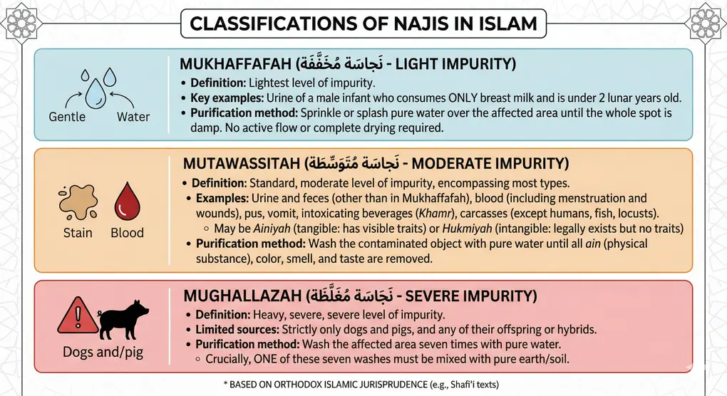The Definition of Najis in Islam: A Comprehensive Guide to Impurities and Purification 3 Infographic detailing the three types of najis in Islam: mukhaffafah, mutawassitah, and mughallazah, along with purification methods.