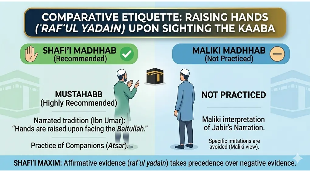 Complete Dua for Seeing the Kaaba: Shafi'i Fiqh and Etiquette 2 A comparison infographic illustrating the etiquette of sighting the Kaaba, comparing the Shafi'i Madhhab (recommended to raise hands) and the Maliki Madhhab (not practiced). The infographic includes a title, visual images, points of evidence, and a summary of the ruling.