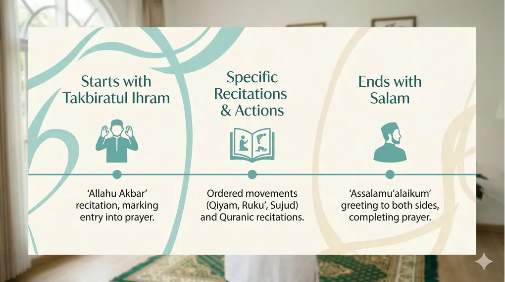 Understanding the Meaning of Salah: Linguistic Roots and Shariah Terminology in Islam 3 A minimalist and elegant infographic illustrating the Fiqh definition of sholat (prayer), visualizing a horizontal timeline flow from Takbir to Salam. Icons represent the Takbir gesture, a guidebook, and the Salam gesture. Color palette of cream, white, and tosca green.