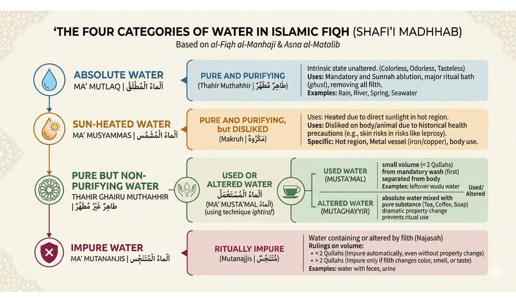 Understanding the Types of Water in Islam: A Complete Guide to Purification 3 Infographic detailing the four categories of water in Islamic fiqh: Mutlaq, Musyammas, Musta'mal, and Mutanajjis.