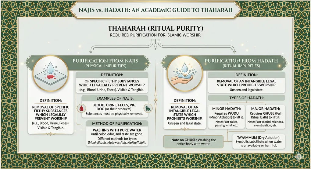 The Types of Thaharah in Islam: A Comprehensive Guide to Ritual Purification 2 Academic infographic explaining the legal difference between purification from physical najis and ritual hadath.