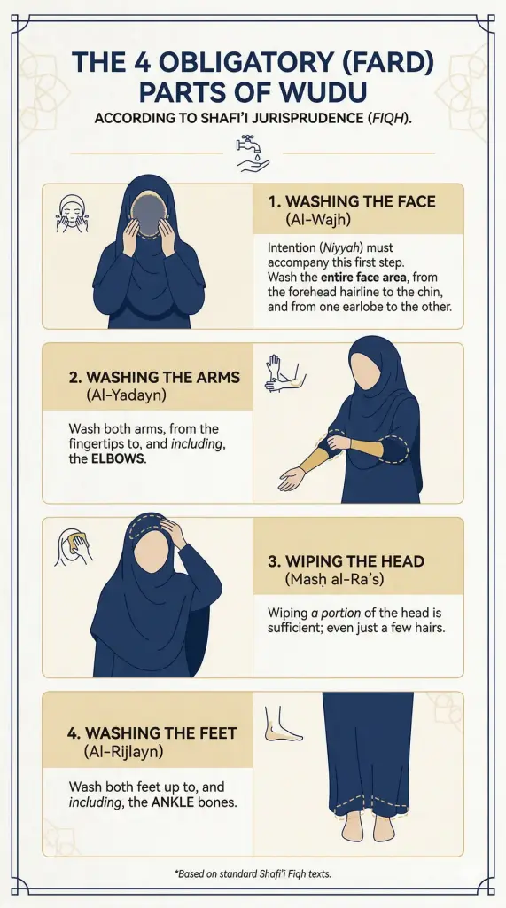 The Meaning of Wudu in Islam: Linguistic Roots and Fiqh Definition 3 Infographic outlining the 4 obligatory parts of wudu, featuring a Muslimah silhouette in proper hijab.