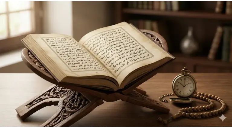Home 1 Kitab fiqih klasik terbuka dengan teks Arab di atas rehal kayu, jam saku, dan tasbih di bawah cahaya pagi Ramadhan yang tenang.