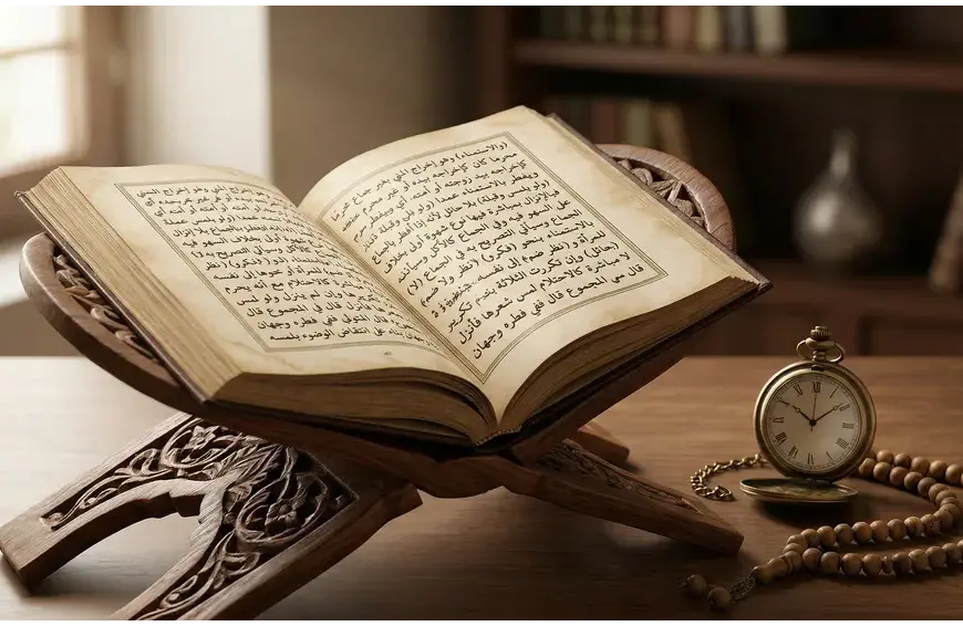 Kitab fiqih klasik terbuka dengan teks Arab di atas rehal kayu, jam saku, dan tasbih di bawah cahaya pagi Ramadhan yang tenang.