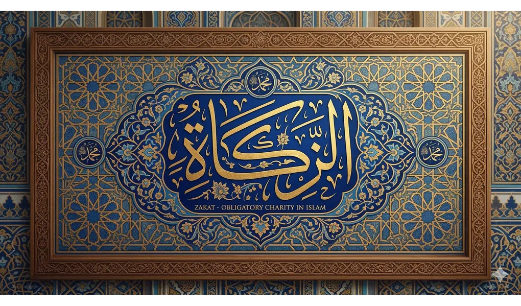 A Comprehensive Guide to the 8 Asnaf of Zakat and Distribution Procedures 4 Intricate traditional Islamic calligraphy panel displaying the Arabic word "Zakat" in gold and deep blue colors, adorned with gold arabesque floral patterns and eight-pointed star Islamic geometric patterns.