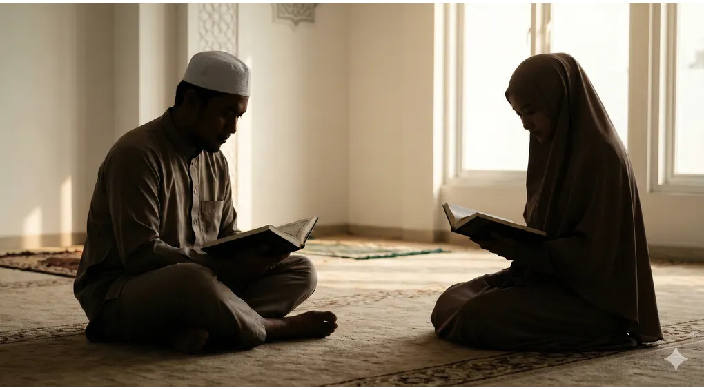 Hukum Keluar Mani Karena Ciuman atau Sentuhan, Apakah Batal? 3 Siluet anggun sepasang suami istri Muslim duduk berjauhan di dalam ruang shalat, memegang Al-Qur'an, menunduk khusyuk di bawah cahaya alami yang hangat.