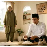 Kepala keluarga Muslim duduk menghitung sisa beras untuk zakat fitrah dengan penuh pertimbangan didampingi istrinya yang berhijab.