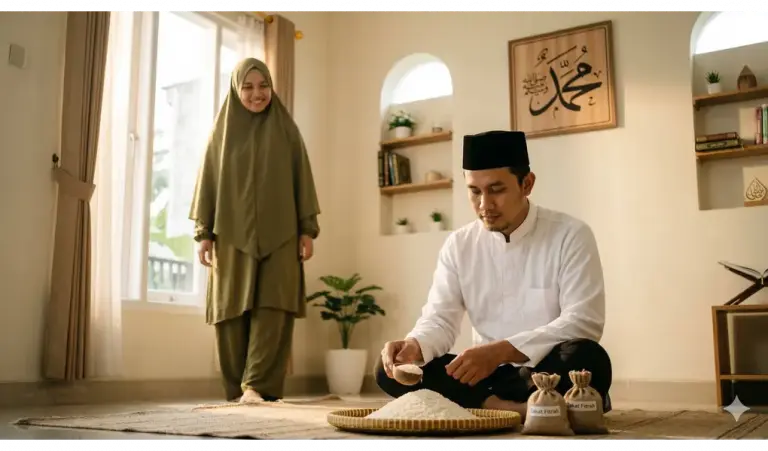 Home 7 Zakat Fitrah priority rules: A Muslim family head sitting and thoughtfully calculating limited rice for Zakat al-Fitr, accompanied by his wife in hijab.