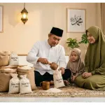 Seorang kepala keluarga sedang menakar beras zakat fitrah didampingi istri berhijab syar'i dan anaknya dengan latar kaligrafi Allah Ahad.