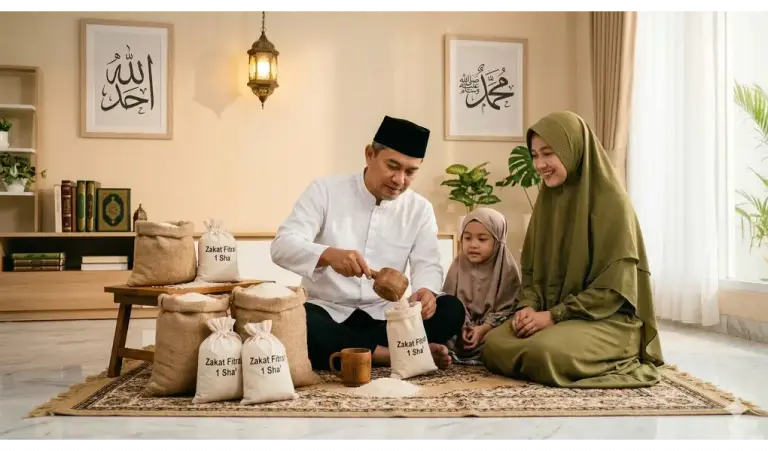 Home 1 Seorang kepala keluarga sedang menakar beras zakat fitrah didampingi istri berhijab syar'i dan anaknya dengan latar kaligrafi Allah Ahad.