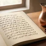 Kitab fikih klasik berbahasa Arab yang terbuka di atas meja kayu, berdampingan dengan teko air tembaga dan tasbih di bawah cahaya pagi yang lembut.