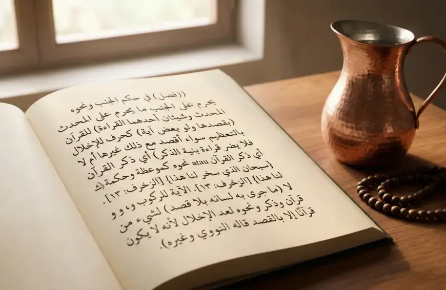 Home 27 An open classical Arabic fiqh manuscript resting on a wooden desk alongside a copper water pitcher and prayer beads under soft morning light.