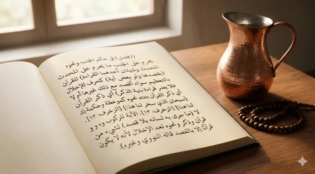 Larangan dan Hukum Orang Junub Menurut Madzhab Syafi'i: Panduan Fikih Keseharian 1 Kitab fikih klasik berbahasa Arab yang terbuka di atas meja kayu, berdampingan dengan teko air tembaga dan tasbih di bawah cahaya pagi yang lembut.