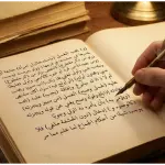An aesthetic close-up photograph of classical yellowed Fiqh books on a wooden desk, with one open book displaying Arabic text on Mandi Wajib and penetration, pointed with a quill pen.