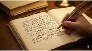 Home 3 An aesthetic close-up photograph of classical yellowed Fiqh books on a wooden desk, with one open book displaying Arabic text on Mandi Wajib and penetration, pointed with a quill pen.