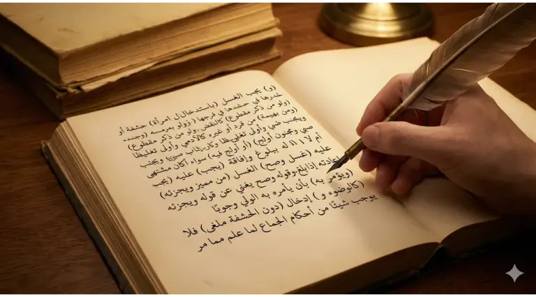 Home 7 An aesthetic close-up photograph of classical yellowed Fiqh books on a wooden desk, with one open book displaying Arabic text on Mandi Wajib and penetration, pointed with a quill pen.