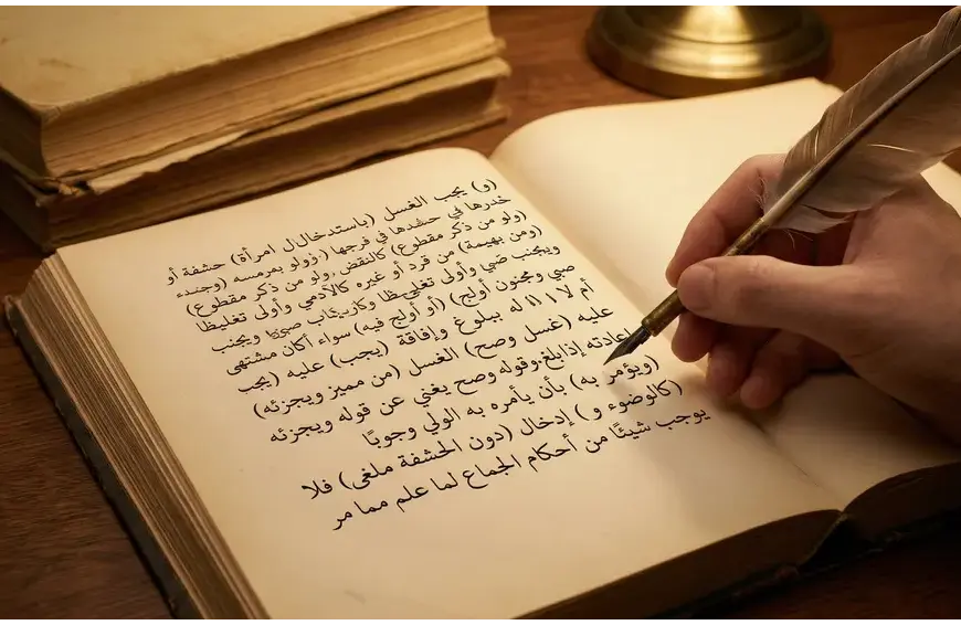 An aesthetic close-up photograph of classical yellowed Fiqh books on a wooden desk, with one open book displaying Arabic text on Mandi Wajib and penetration, pointed with a quill pen.