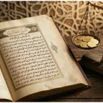 Open 'Kitab Zakat' from Asna al-Matalib with antique gold scale holding dinars and wheat on a wooden table.
