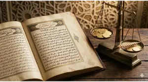Home 21 Open 'Kitab Zakat' from Asna al-Matalib with antique gold scale holding dinars and wheat on a wooden table.