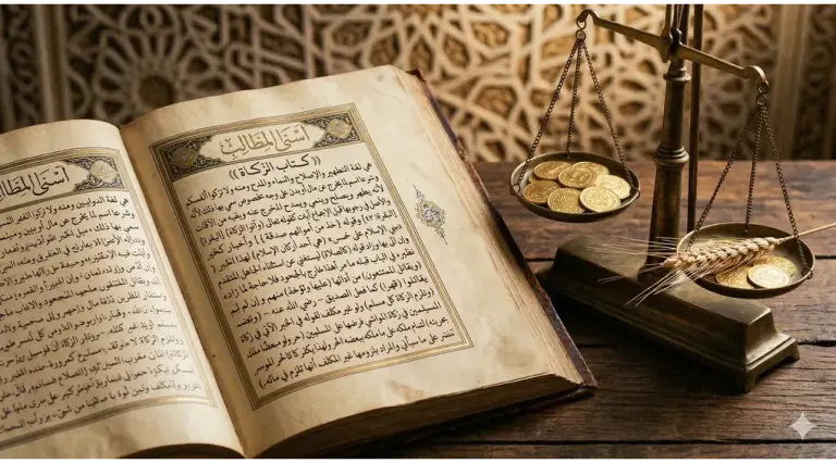 Shafi'i School of Jurisprudence: The Complete Guide to Islamic Law, Prayers, and Tasawuf 1 Open 'Kitab Zakat' from Asna al-Matalib with antique gold scale holding dinars and wheat on a wooden table.