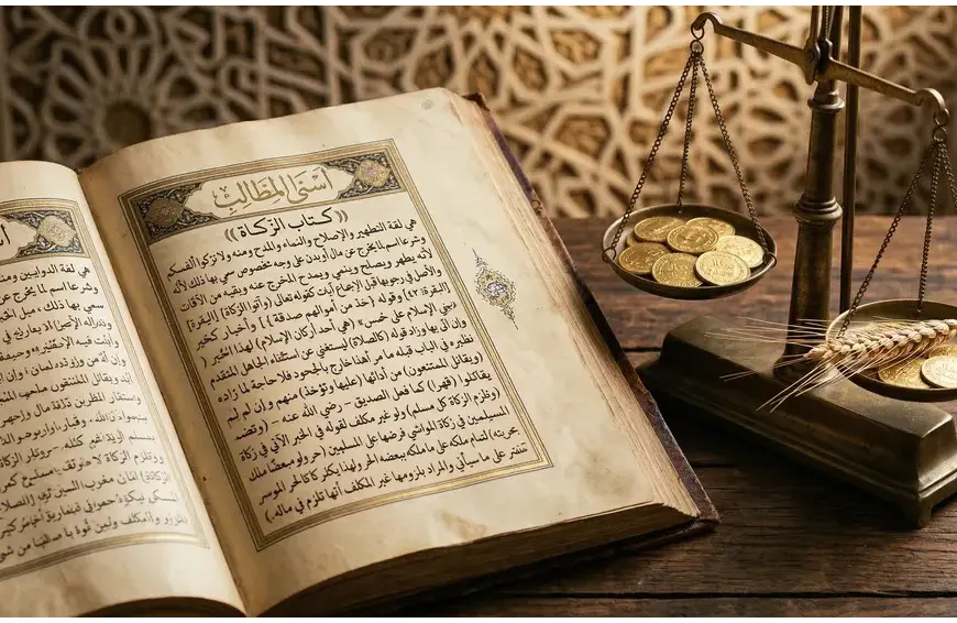 Home 11 Open 'Kitab Zakat' from Asna al-Matalib with antique gold scale holding dinars and wheat on a wooden table.