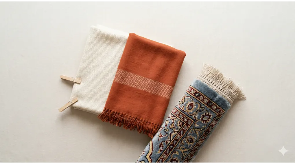 Hukum Keluar Mani Karena Ciuman atau Sentuhan, Apakah Batal? 2 Foto flat lay estetis lipatan kain tebal berkualitas tinggi (gamis atau pashmina) dan sejadah yang terhampar sebagian, menyimbolkan penghalang (hail) interaksi fisik di siang Ramadhan.