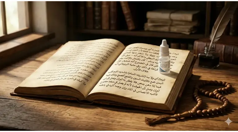 Home 7 Foto still life beresolusi tinggi yang elegan di atas meja kayu yang hangat, menampilkan kitab fikih klasik terbuka dalam bahasa Arab dan botol kecil obat tetes mata medis modern di sampingnya, dengan tasbih kayu yang melingkar. Pencahayaan dramatis dari samping.