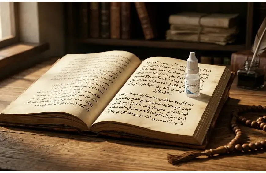 Foto still life beresolusi tinggi yang elegan di atas meja kayu yang hangat, menampilkan kitab fikih klasik terbuka dalam bahasa Arab dan botol kecil obat tetes mata medis modern di sampingnya, dengan tasbih kayu yang melingkar. Pencahayaan dramatis dari samping.