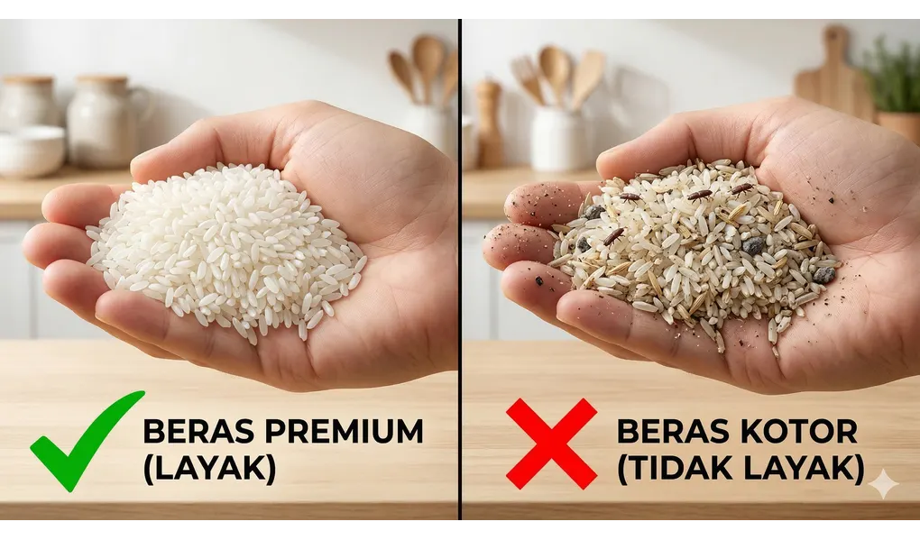 Ukuran Akurat 1 Sha' Makanan Pokok Menurut Ulama Syafi'iyah 3 gambar perbandingan beras premium bersih dengan tanda centang hijau dan beras kusam berkutu dengan tanda silang merah