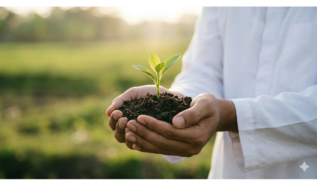 The Meaning of Zakat: The Wisdom of Growth, Purification, and Sharing in Islam 2 Close-up photograph of both hands of a Southeast Asian Muslim man (similar in appearance to the subjects in image_61.png), cupped together, cradling a rich, moist cluster of fertile soil with a single, healthy, vibrant young green plant sprout sprouting directly from the center, symbolizing growth (zaka yazku). Soft, warm golden hour sunlight backlights the sprout and soil, creating a halo effect. The background is a deeply blurred, soft bokeh of a peaceful, natural agricultural landscape.