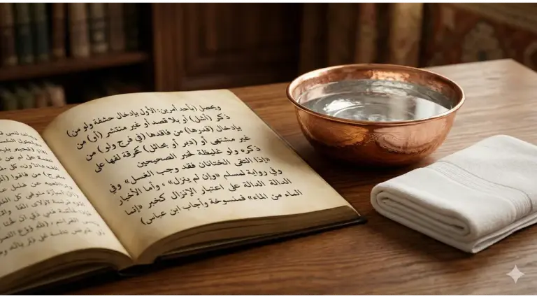 An aesthetic still-life photograph showing an open classical Arabic fiqh manuscript beside a beautiful copper bowl filled with crystal clear water and a neatly folded clean white towel, symbolizing Islamic jurisprudence leading to physical purification (Thaharah).
