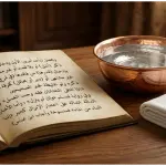 Foto still life estetis menampilkan kitab fikih Arab klasik terbuka di samping mangkuk tembaga berisi air jernih dan handuk putih bersih, melambangkan ilmu fikih yang menuntun pada kesucian jasmani (Thaharah).