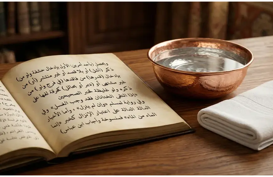 Foto still life estetis menampilkan kitab fikih Arab klasik terbuka di samping mangkuk tembaga berisi air jernih dan handuk putih bersih, melambangkan ilmu fikih yang menuntun pada kesucian jasmani (Thaharah).