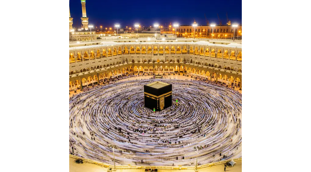 The Rules and Number of Rakaats for Tarawih Prayers in the Shafi'i School: The History of 20 Rakaats and Its Virtues 3 Long exposure photography of pilgrims performing Tawaf around the Kaaba at night in Masjid al-Haram, symbolizing the continuous worship during Ramadan.