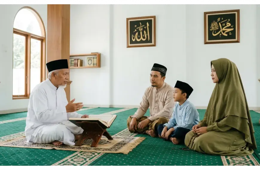 Ustadz sedang mengajarkan Hadits Jibril tentang makna Islam dan ketundukan kepada satu keluarga di dalam masjid.