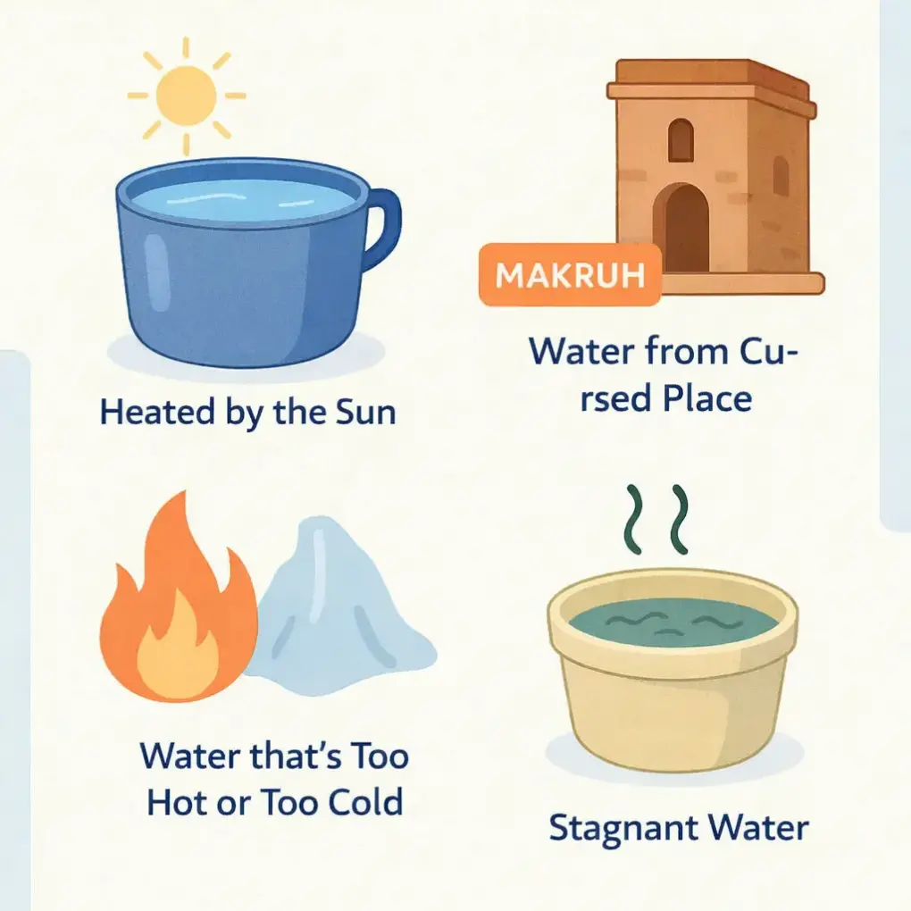 Complete Guide to Makruh Water: Islamic Rulings on Purification 2 Infographic showing examples of makruh water in Islamic jurisprudence including sun-heated water, water from cursed places, extremely hot or cold water, and stagnant water.